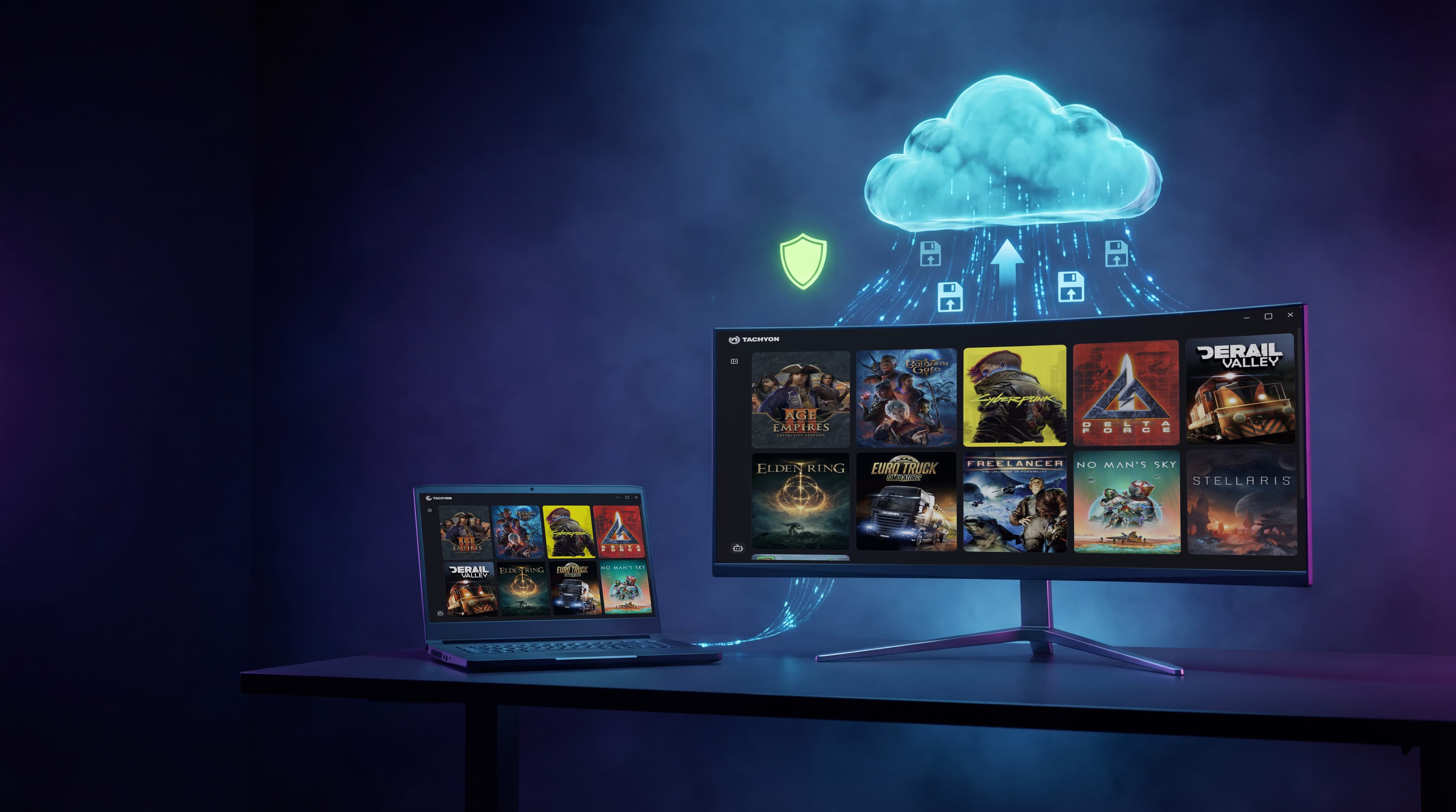 Tachyon game save backup showing dual monitor setup with cloud sync