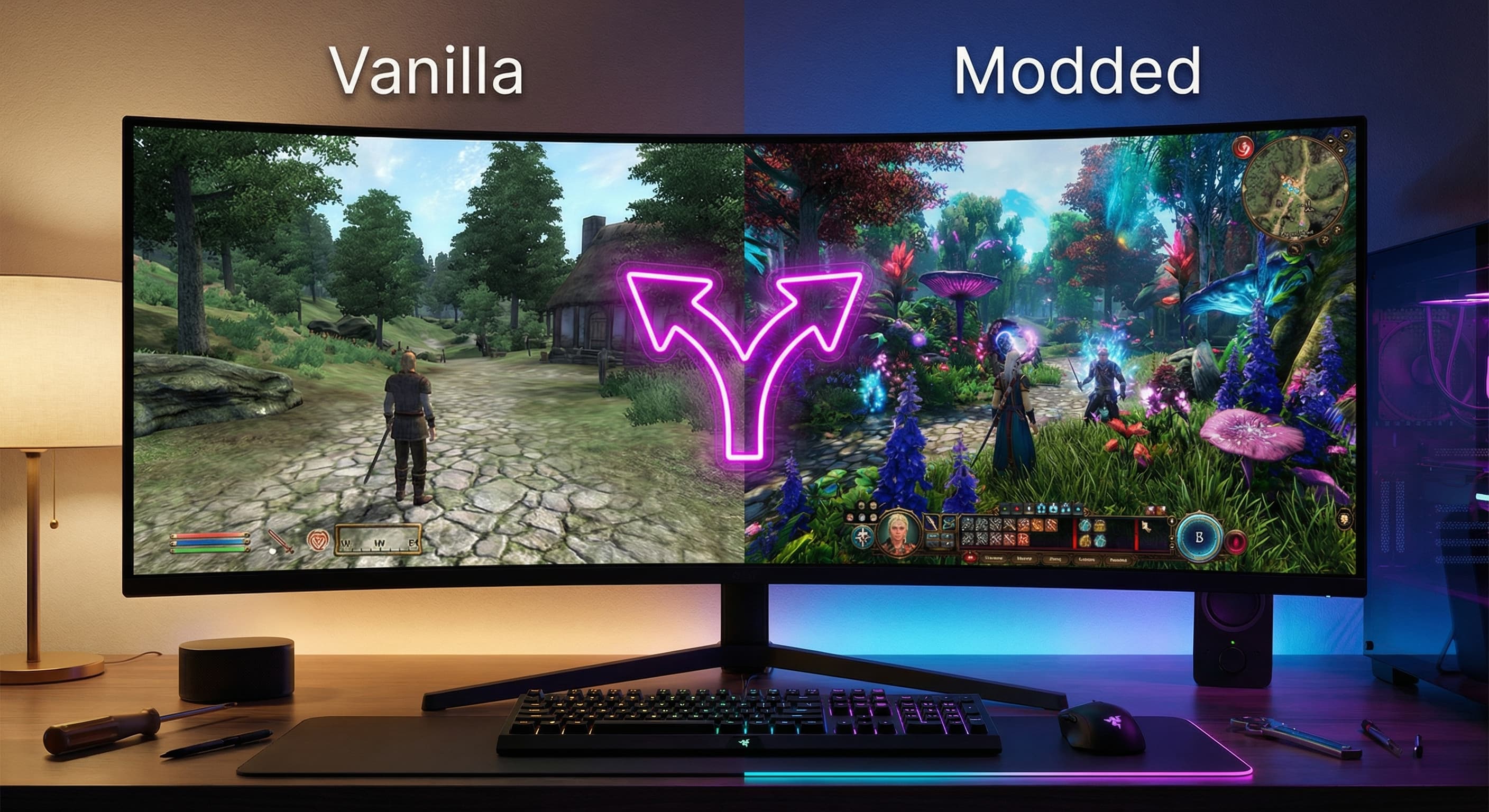 Gaming setup with mods and magical elements representing modding possibilities